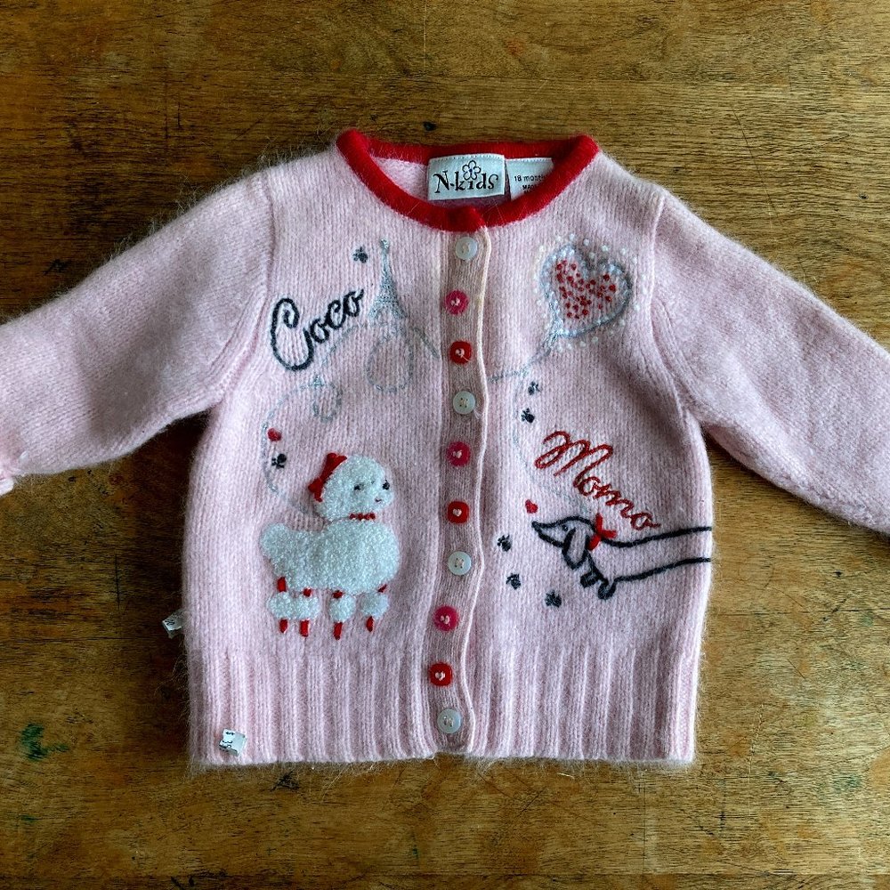 Pink Paris Cardigan Applique Buttons Sparkle thread 18 mo